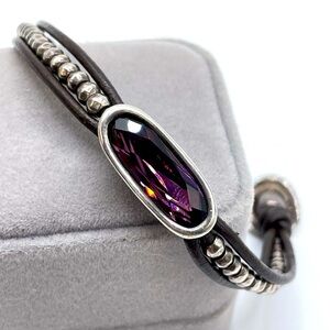 Uno De 50 Black Leather 925 Sterling Silver Purple Glass Bracelet Boho